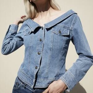 DKNY Donna Karan Vintage 90's Off Shoulder Denim Jacket Fitted Snap Front Size 8